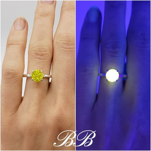 7mm YAG Lab Created Yellow Yttrium Aluminum Garnet, UV Glow, 4-Prong Solitaire Ring, Sterling Silver or Gold, Made to Order, Jewelry Gift