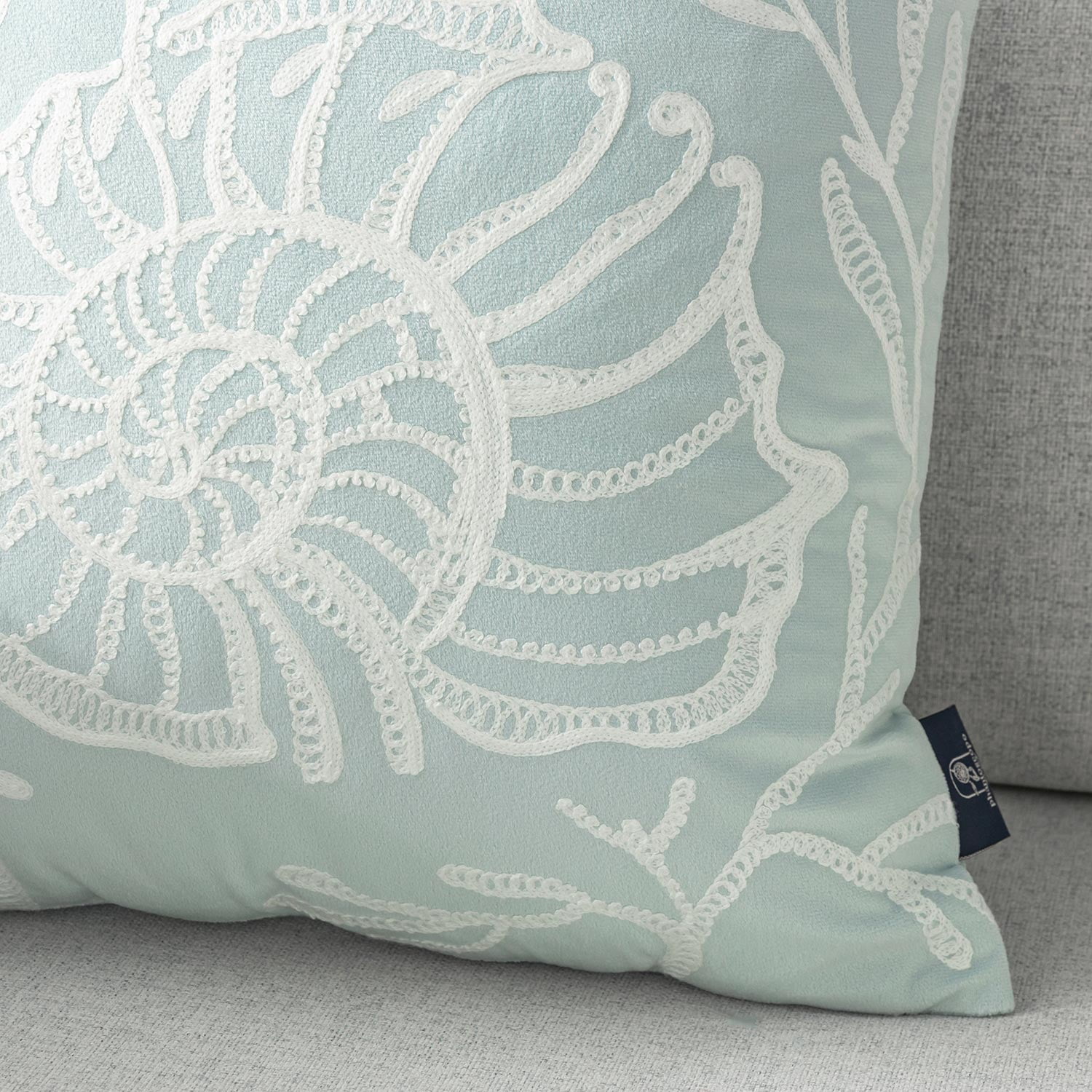 Phantoscope Velvet Embroidered Conch Seashell Throw Pillows, Coastal Coral Design, Light Blue, 18 x 18 in, Set of 2