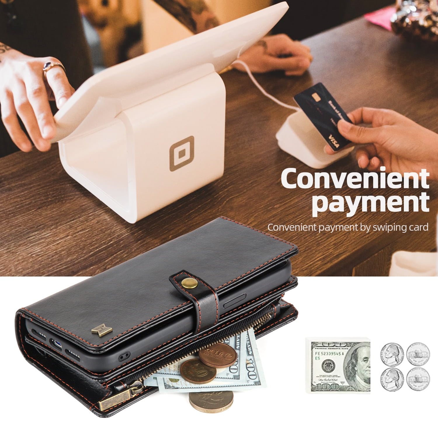 2 In 1 Wallet Phone Case for Apple iPhone 13, Detachable Magnetic Back Cover with Cards Holder Zipper Pocket Hand Wrist RFID Blocking Snap Closure Shockproof Case for iPhone 13, Black
