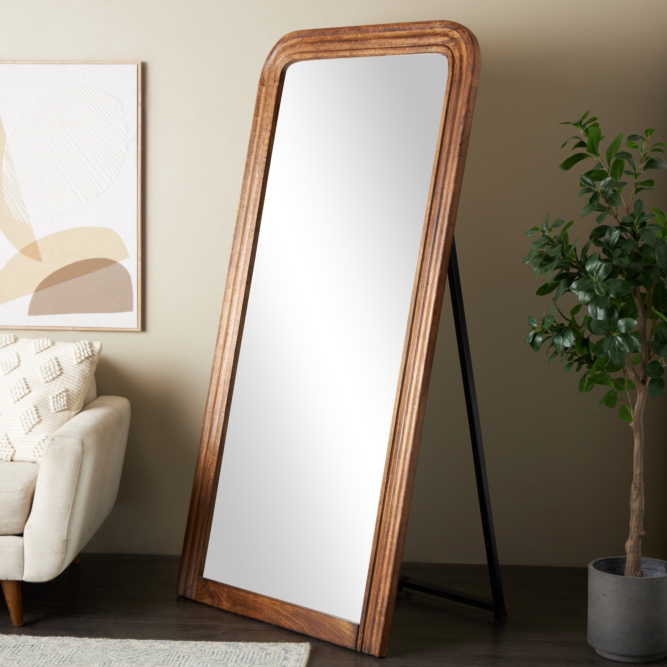 DecMode 36" x 72" Brown Mango Wood Distressed Floor Mirror with Carved Grooves