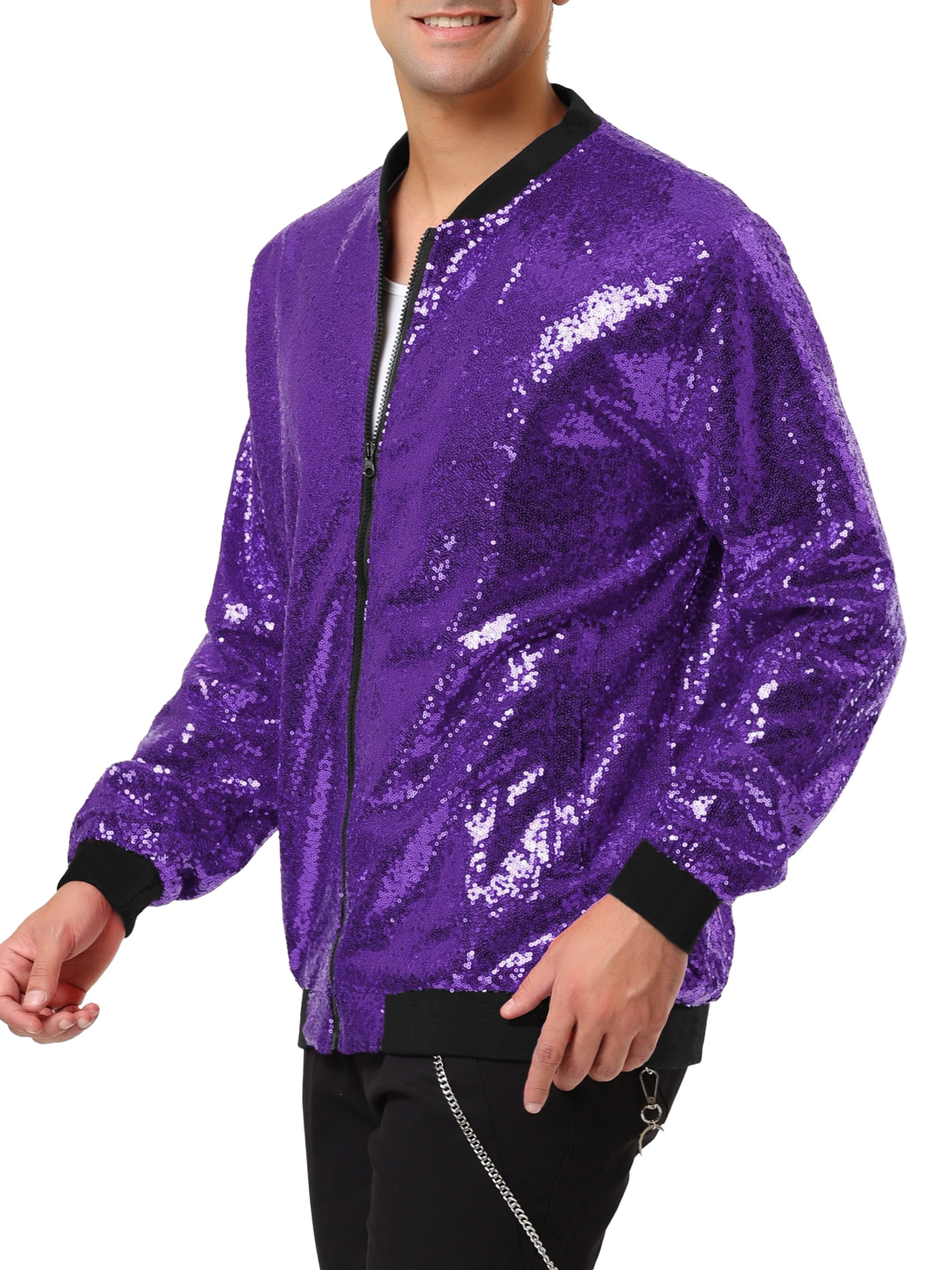 Unique Bargains Men's Long Sleeves Sequin Varsity Zipper Bomber Jacket XL Purple
