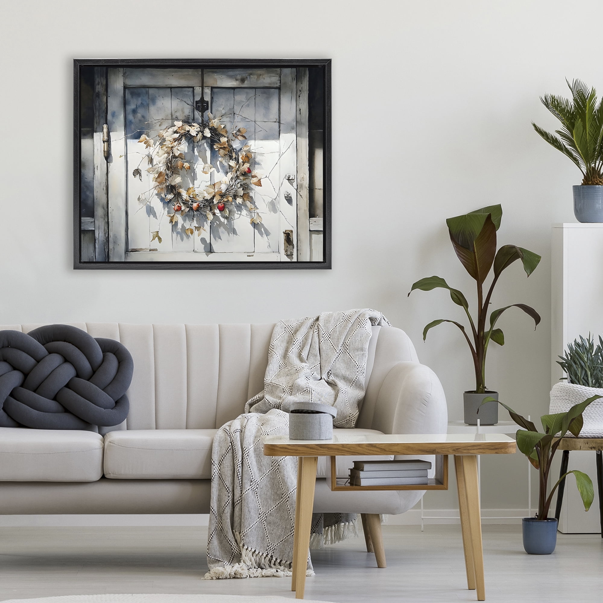 Stupell Industries Rustic Wreath on White Door Black Framed Floater Canvas Wall Art, design by Franklyn Gregory