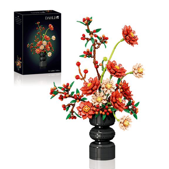 Dahlia Flower Bouquet Building Set with Vase, Elegant Collectible Building Block for Adults, Festive Holiday Flowers for Decoration,