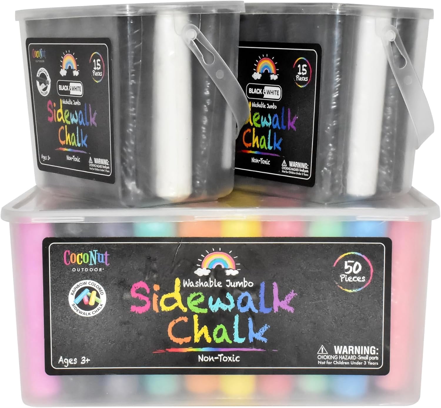 Jumbo Outdoor Sidewalk Chalk | 80 Pieces Mega Bucket Set with 50 Color, 20 Black & 10 White Chalks + 4 Holders | Washable Non-Toxic Chalk for Driveways, Playgrounds & Outdoor Fun | Kids Ages 3+