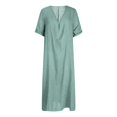 thumbnail image 4 of ClodeEU Women's Linen Blend V Neck Short Sleeve Midi Dress,Lightweight Casual Loose Fit Summer Dress Green,Women's Plus L, 4 of 8