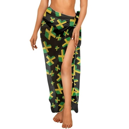 FKELYI Jamaican Flag Love Print Sarong Bathing Suit Cover Up for Women Long Pareo Breathable Beach Wrap Sheer Fabric Summer Swimsuit Coverup Skirt Chic Bikini Cover-Up