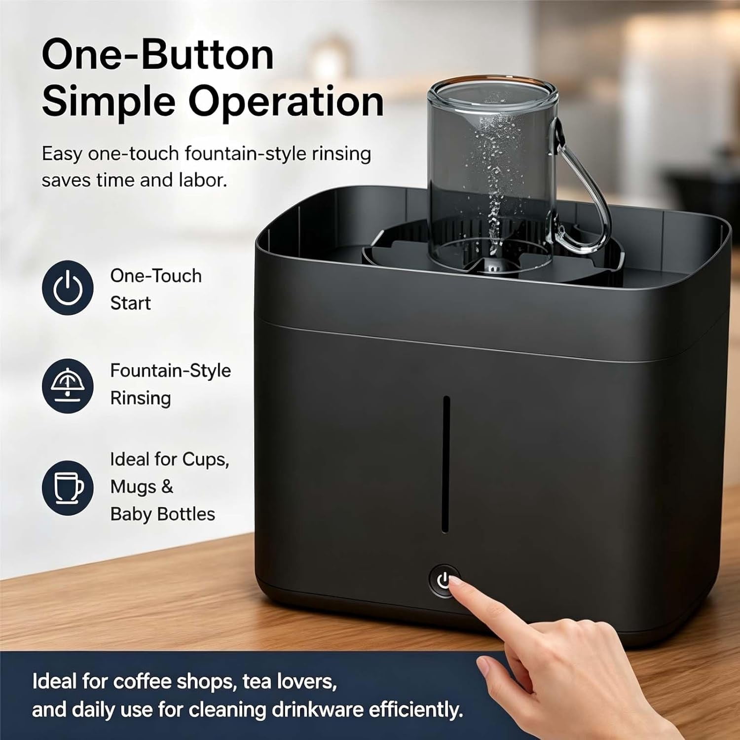 Electric Glass Rinser Tea Cup Washer, Desktop Automatic Cup Washing Machine with 1.6L Water Tank, High Pressure Jets Glass Rinser for 3-10cm Diameter Cups for Water Bottle & Coffee Cups (Black)