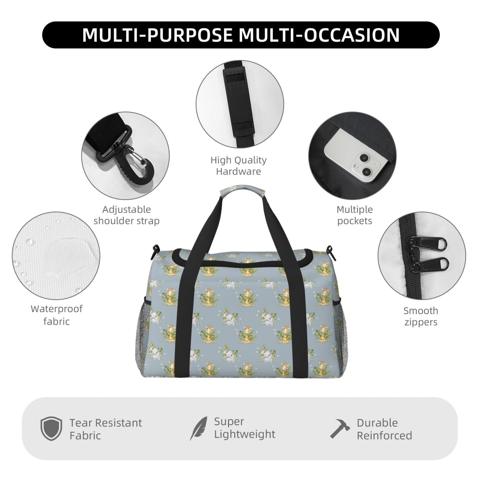 Fuzoiu Baby Elephant Giraffe Print Travel Duffle Bag,Carry On Tote Bags,Duffel Bag,Sport Gym Bag, Hospital Bag for Labor and Delivery, Overnight Bag,Luggage Bag