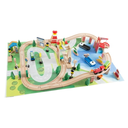 75-Piece Wooden Train Set Including Wood Tracks, Trains, Cars, Boats, and Accessories by Hey! Play!