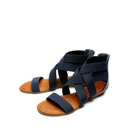 

Womens Summer Stylish Low Wedge Sandals with Elastic Gladiator Ankle Straps