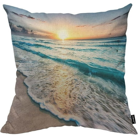 

HOSNYE Seaside Wave Cotton Linen Throw Pillow Case Ocean Tropical Beach Sea Coast Sunset Dusk Blue Sand Summer Hawaii Pillow Cushion Covers Home Sofa Decorative 16x16 inch