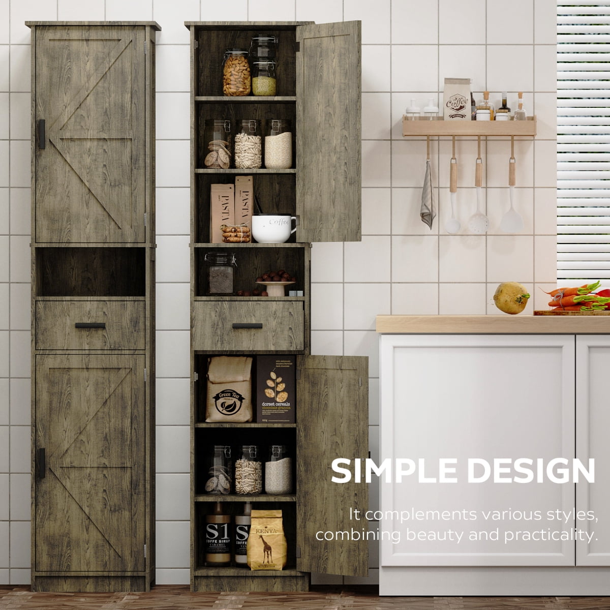 69" H Tall Bathroom Storage Cabinet with 2 Barn Doors and 1 Drawer, Narrow Storage Unit with Adjustable Shelves, Floor Cabinet for Bathroom Living Room Entryway, Gray