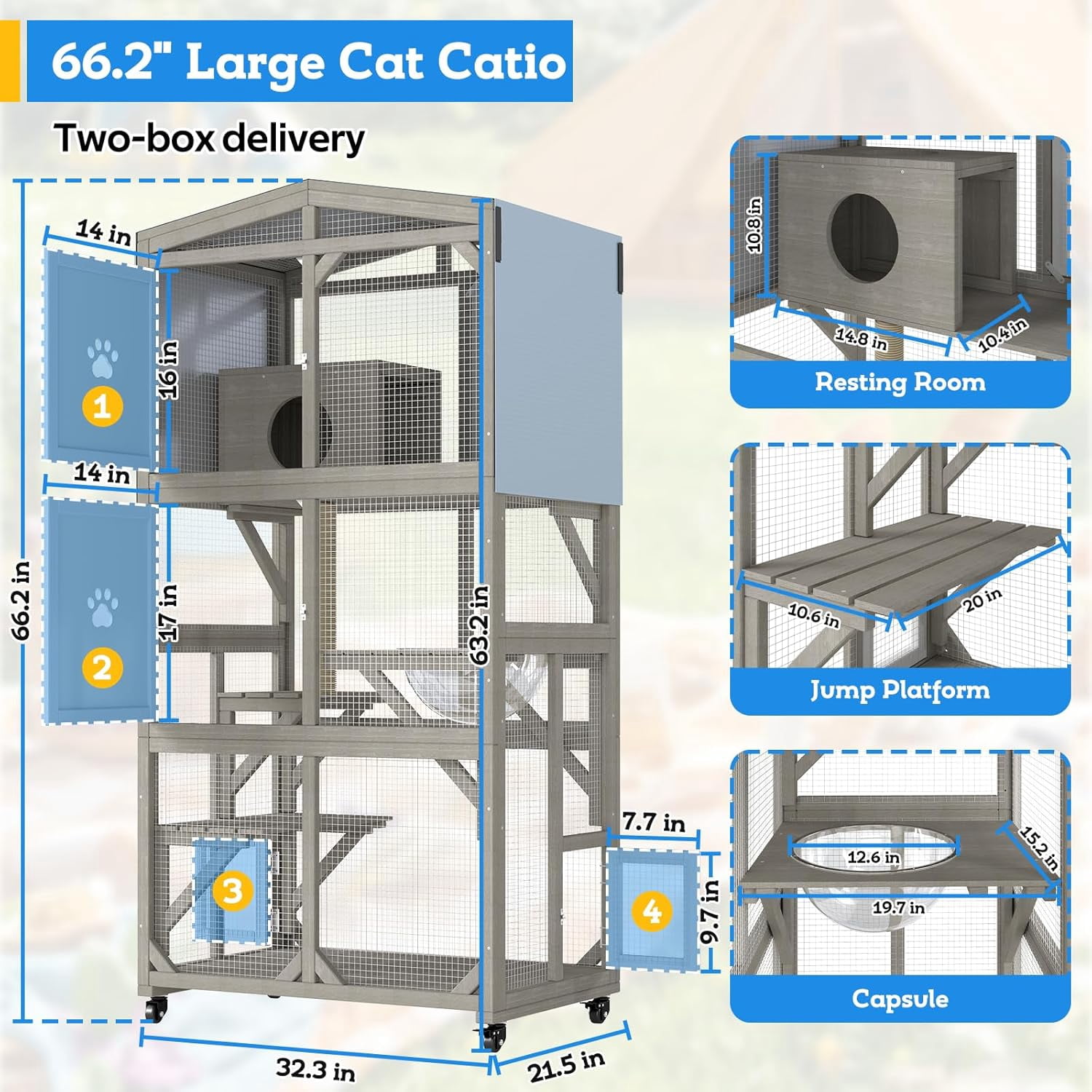 66" Tall Portable Catio Outdoor Cat Enclosure with Wheels, Window Connection Cat House, 4-Tier Activity Center with Acrylic Pod
