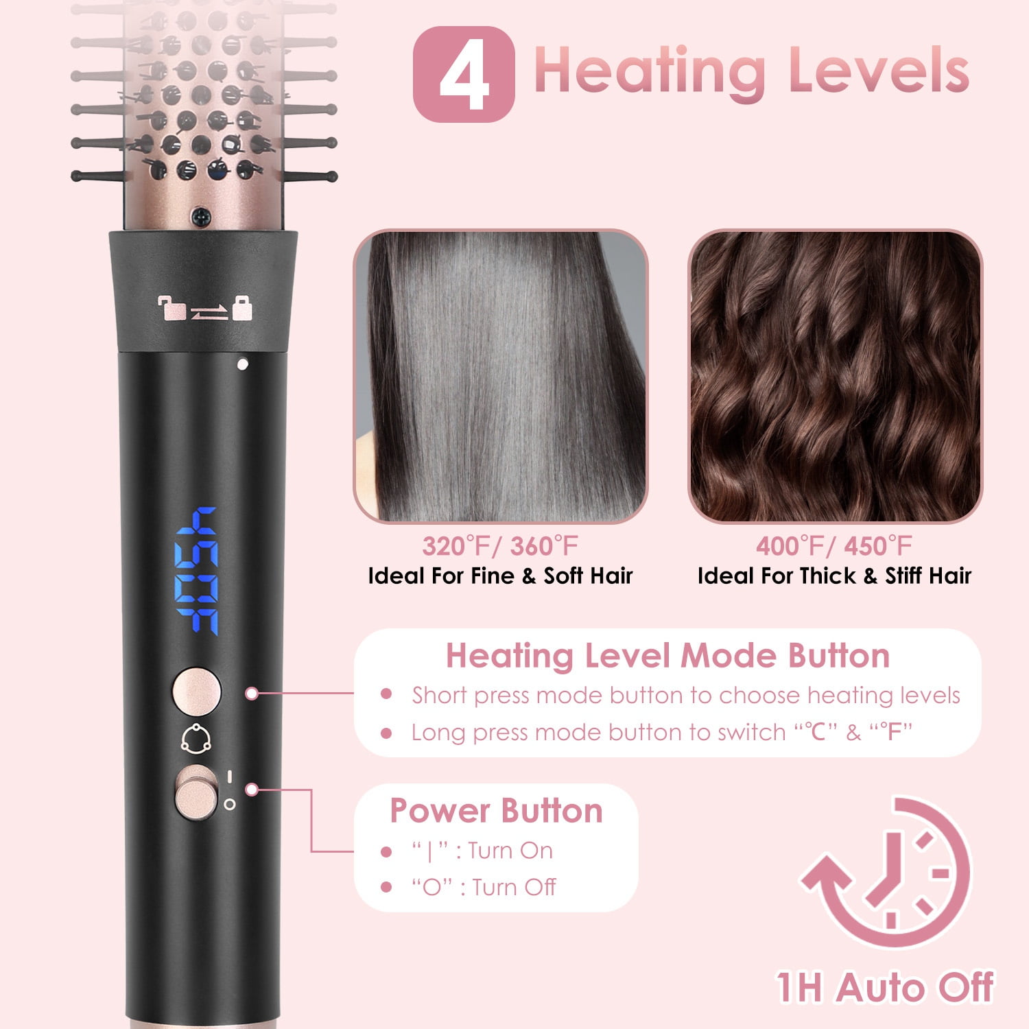 Moclever 5 in 1 Hair Curling Wand, Thermal Brush Curler with 4 Heating Levels 360° Rotatable Cable 1H Auto off, 5 Interchangeable Barrels 2 Clips, Rose Gold