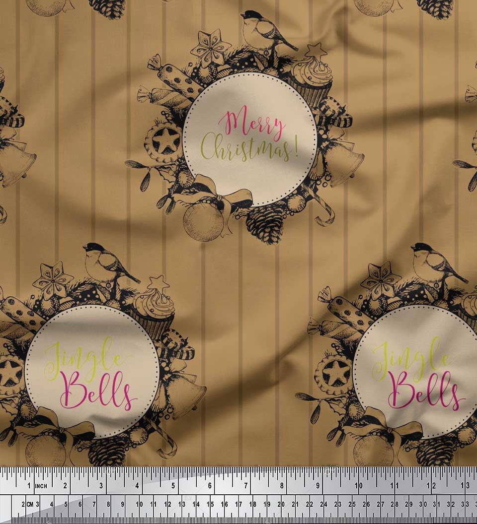 Soimoi Brown Georgette Viscose Fabric Stripe,Candies & Baubles Christmas Print Sewing Fabric Yard 42 Inch Wide