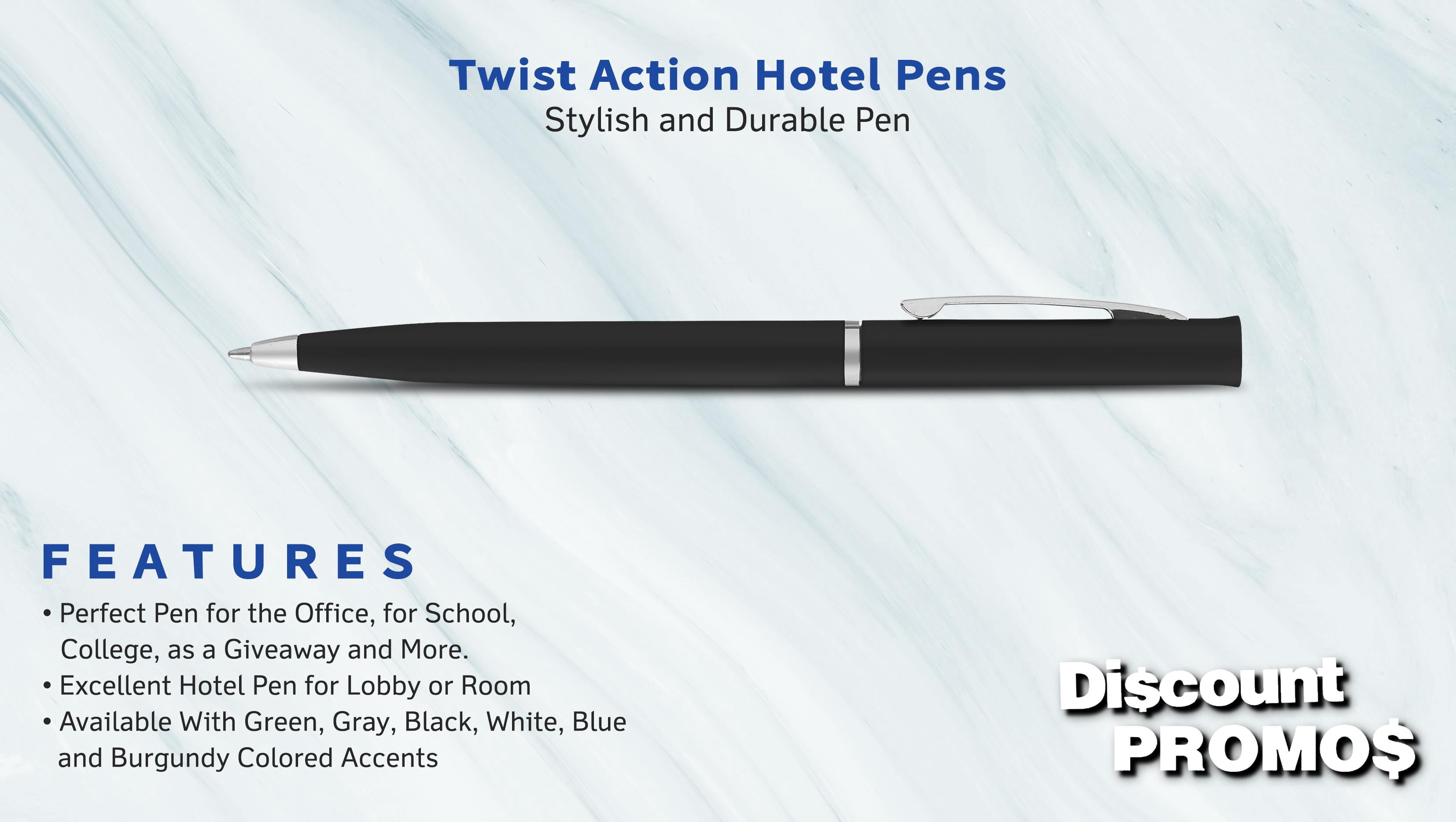 10 Twist Action Hotel Pens Pack - Plastic, Black Ink - Black