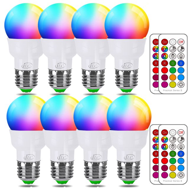 Bombilla LED ILC RGB que cambia de color, 5 W, 450 lúmenes, E26, 2700 K (paquete de 8)