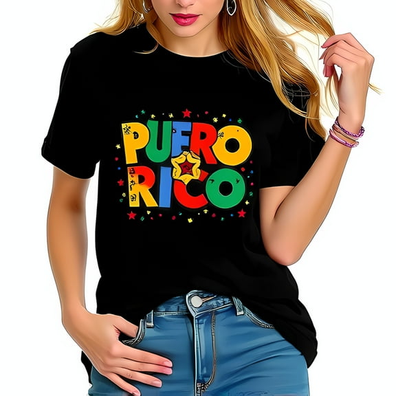 Colorful Puerto Rico Graphic Cotton Short Sleeve T-Shirt with Whimsical Star Design - Casual Fun Style