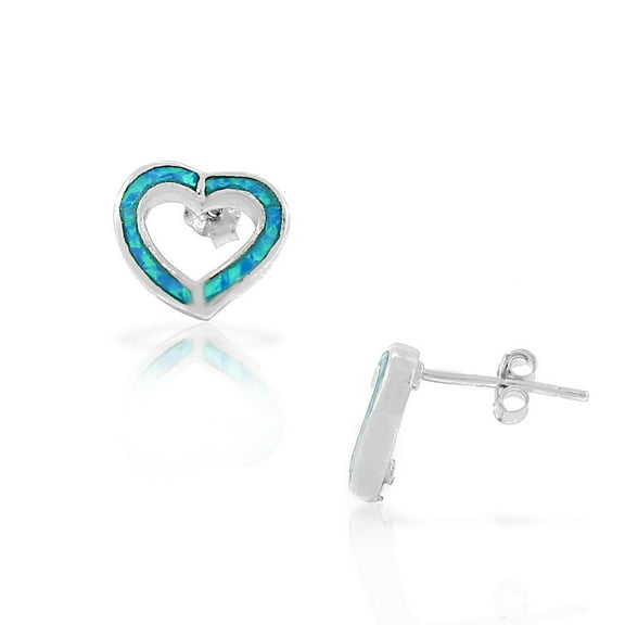 925 Sterling Silver Blue Turquoise-Tone Simulated Opal Open Love Heart Stud Earrings