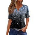 thumbnail image 1 of Camiseta para Mujer Camiseta Estampada Botón Manga Corta Diario Fin de Semana Moda Básica Cuello en V Regular Top Azul/XL, 1 of 5
