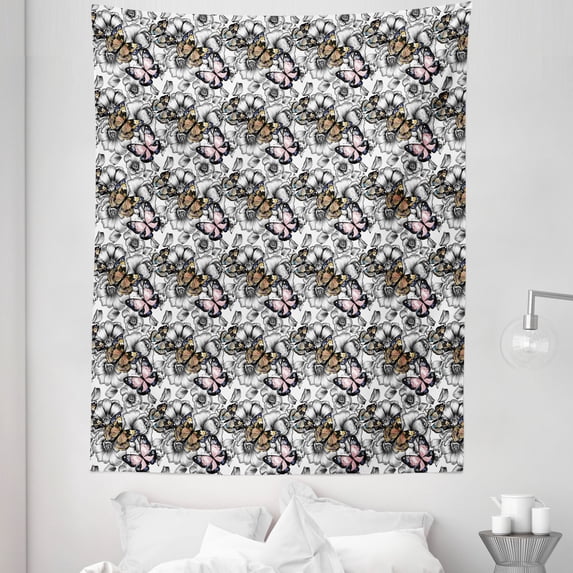 Garden Art Tapestry, Hand Drawn Spring Season Illustration with Roses in Blossom and Butterflies, Fabric Wall Hanging Decor for Bedroom Living Room Dorm, 5 Sizes, Multicolor, by Ambesonne