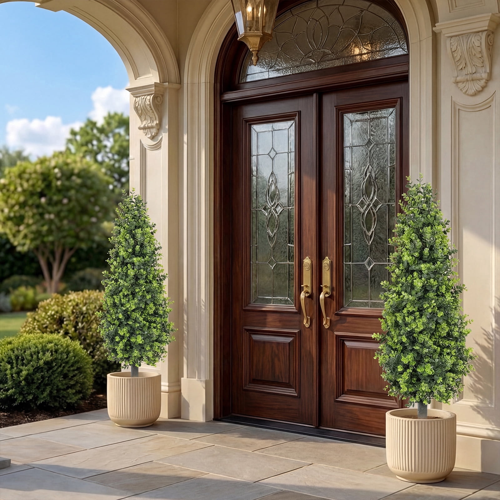 THE BRIVE 3ft Green Money Grass Cone Topiary Trees,Set of 2 UV Resistant Artificial Eucalyptus with Ground Spike, Realistic Shrubs for Outdoor Front Porch Patio Garden Decor