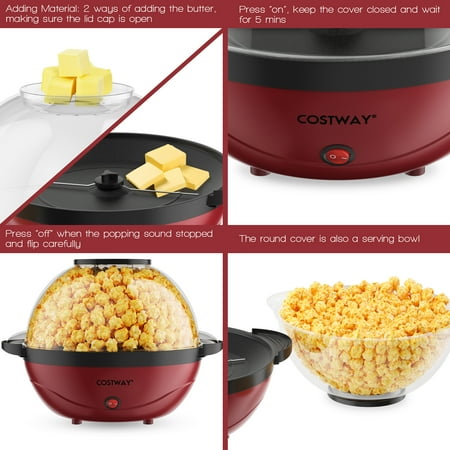 Costway - 6QT Stirring Popcorn Machine Popcorn Popper Maker with Nonstick Plate - Red