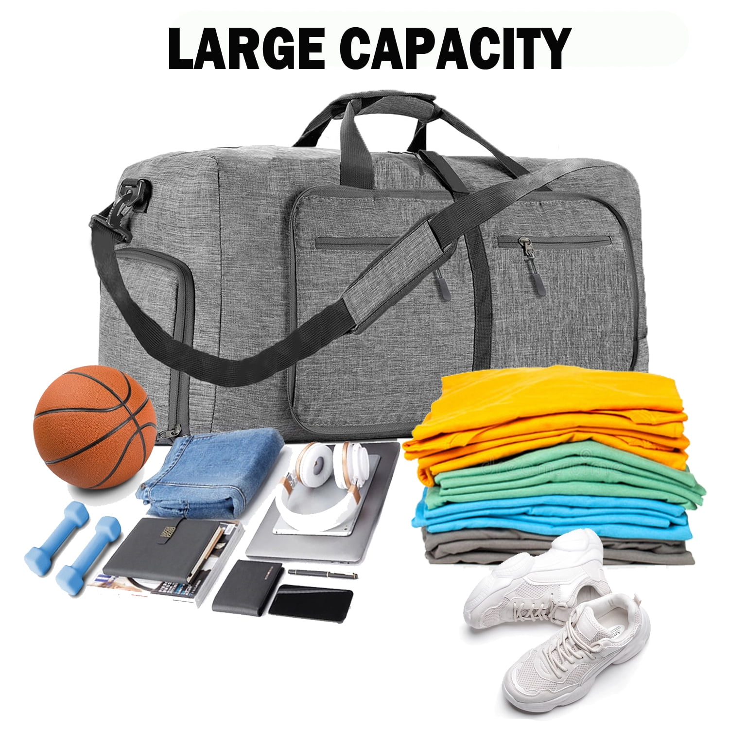 XUEYU 24" Large Travel Duffle Bag for Men, 65L Foldable Travel Duffel Bag with Shoes Compartment, Overnight Bag for Men Women Waterproof, Travel Bag for Traveling Camping Touring, Gray