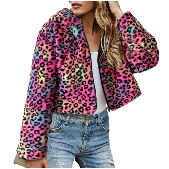 WRKEKC Winter Coats for Women Winter Long Sleeve Leopard Print Hooded Collar Faux Fur Coat Warm Outerwear for Cold Days and Stylish Looks