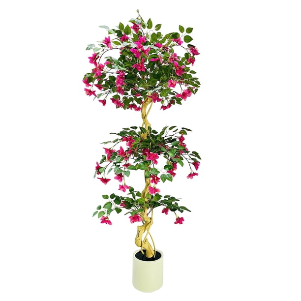 Yeshouse Buganvilla artificial, buganvilla de seda con flores rosas en maceta blanca, topiario artificial para decoración de interiores, exteriores, hogar, oficina, jardín y bodas