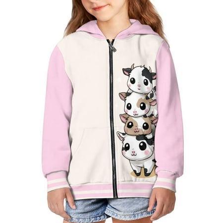 POLERO 11-13 Years Boys Zip Up Hoodies Kids Cartoon Cow Light Pink Graphic Hooded Sweatshirt with Pockets Casual Winter Jackets