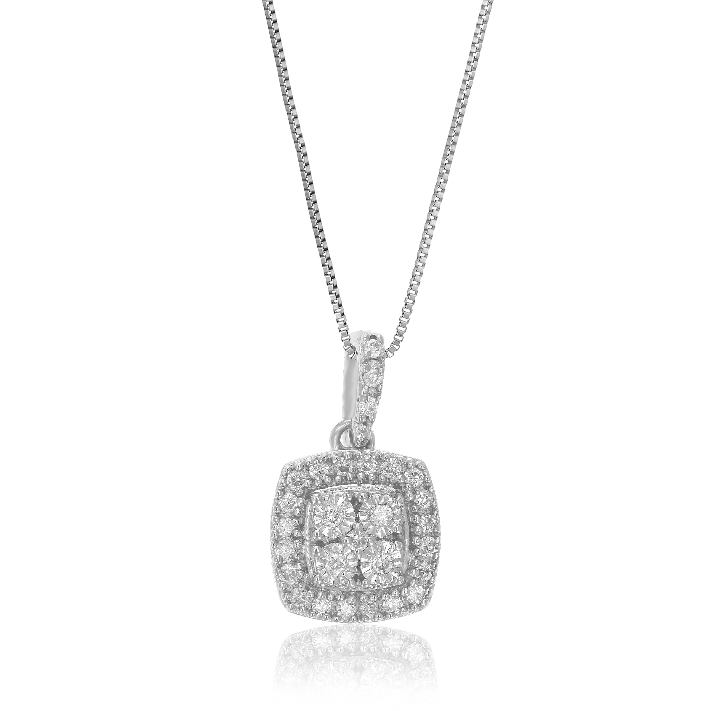 1/10 CTTW Lab Grown Round Diamond .925 Sterling Silver Square Pendant Necklace For Women 1/4