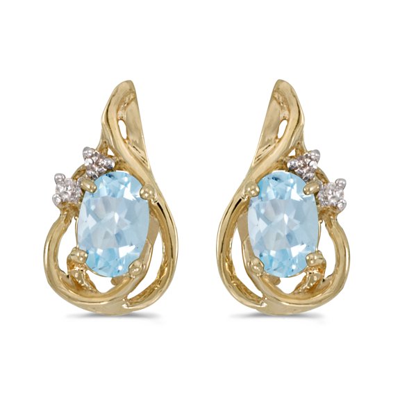 10k Yellow Gold Oval Aquamarine And Diamond Teardrop Earrings