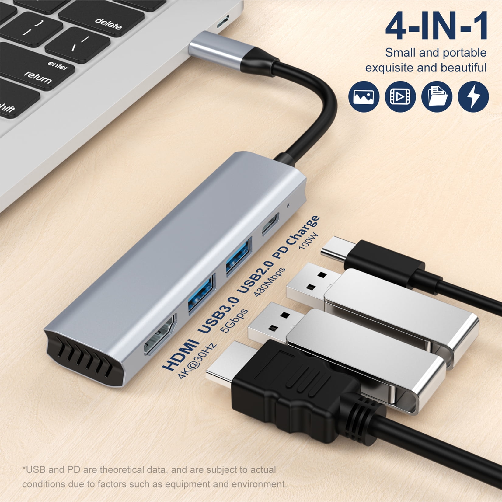 USB C Hub Multiport Adapter,4 in 1 Dongle Hub,USB 3.1 C to 1xHDMI,1xUSB3.0,1xUSB2.0,1x100W PD Fast Charging,Support 4K@30HZ,1080P@60HZ,5Gbps Compatiblefor MacBook,iPad,HP,Dell,Surface,Other Devices
