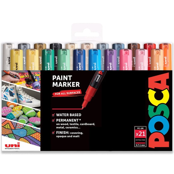 Uni Posca PC-1M Paint Art Marker Pens - Fabric Glass Metal Pen - Full Range Set of All 21 Colours