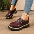 thumbnail image 2 of Womens Loafers Fashion Buckle Strap Round Toe Vintage Leather Work Office Dress Shoes Classic Lug Sole Low Heel Business Casual Shoes Wine Size 6.5, 2 of 6