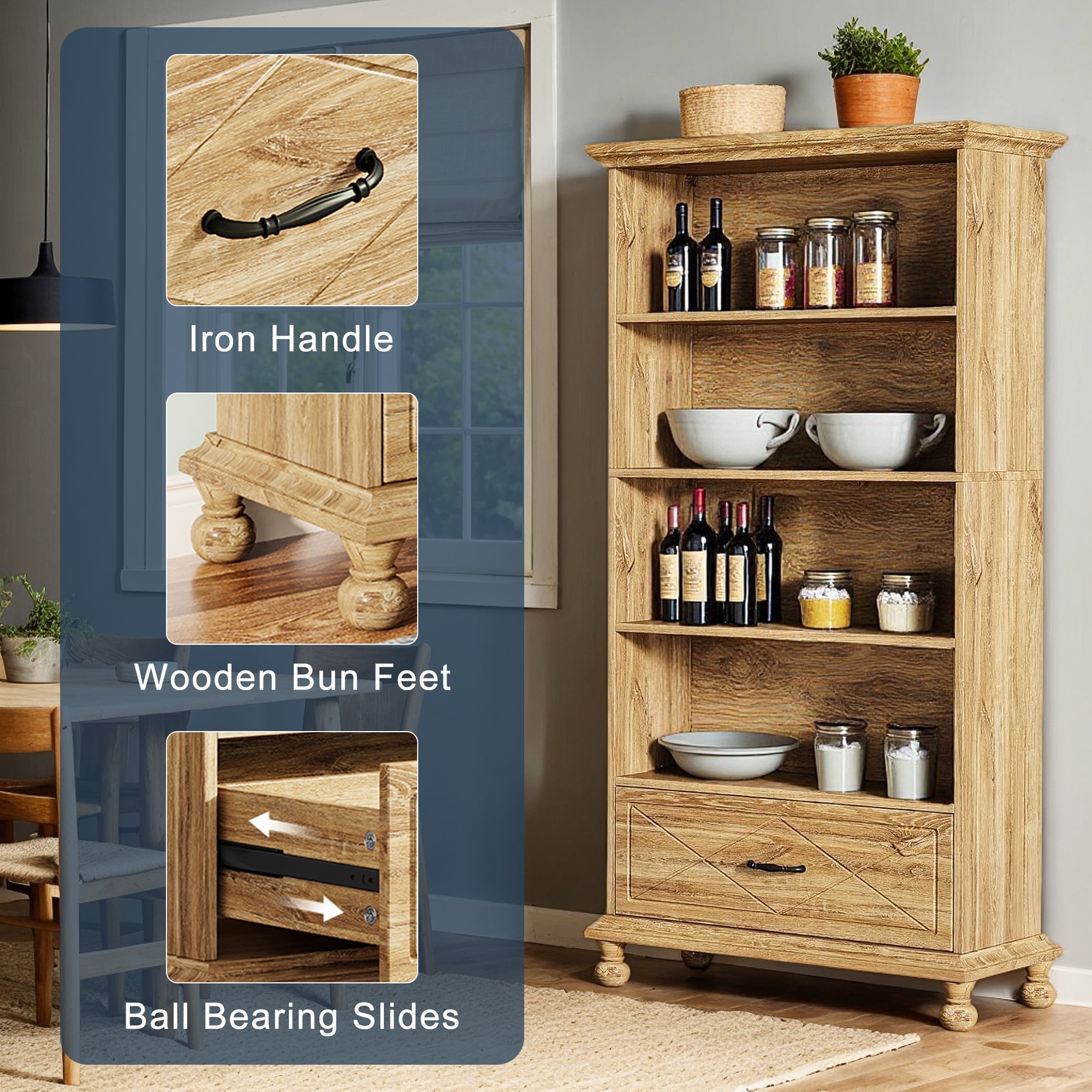 Demi Bonn 6-Shelf Bookcase with Drawer, 71" Bookshelf with Solid Wood Legs for Bedroom, Living Room, Brown