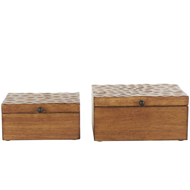 Deco 79 Caja decorativa geométrica de madera con textura cóncava de panal de abeja, cajas decorativas de recuerdos con perillas negras, juego de 2 cajas de almacenamiento de 10.0 in y 8.0 in de ancho,