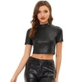 thumbnail image 1 of INSPIRE CHIC Women's Mock Neck Party Short Sleeve Metallic Crop Tops Black M, 1 of 5