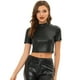 thumbnail image 1 of INSPIRE CHIC Top corto metalizado de manga corta con cuello alto para mujer Negro S, 1 of 5