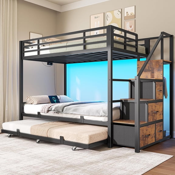 Twin Over Twin Metal Bunk Bed with Trundle, Storage Staircase, 4 Drawers, LED Lights & Charging Station, 3 Twin Size Bunk Bed, Black