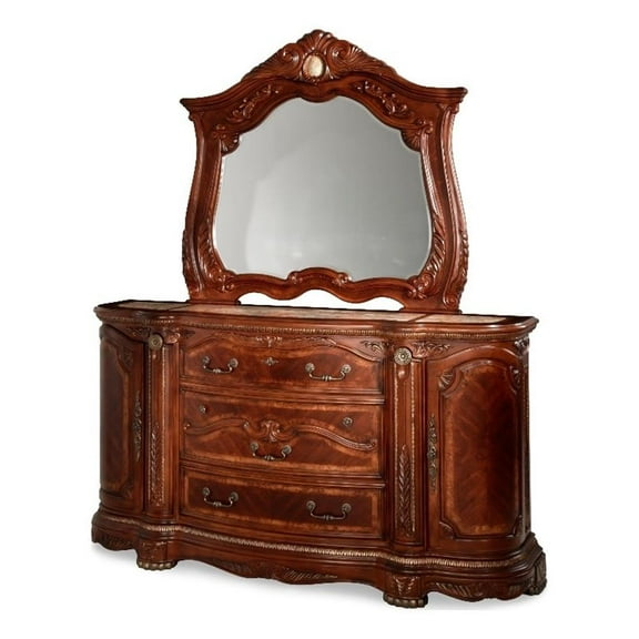 Michael Amini Cortina Wood Dresser and Mirror Set in Honey Walnut