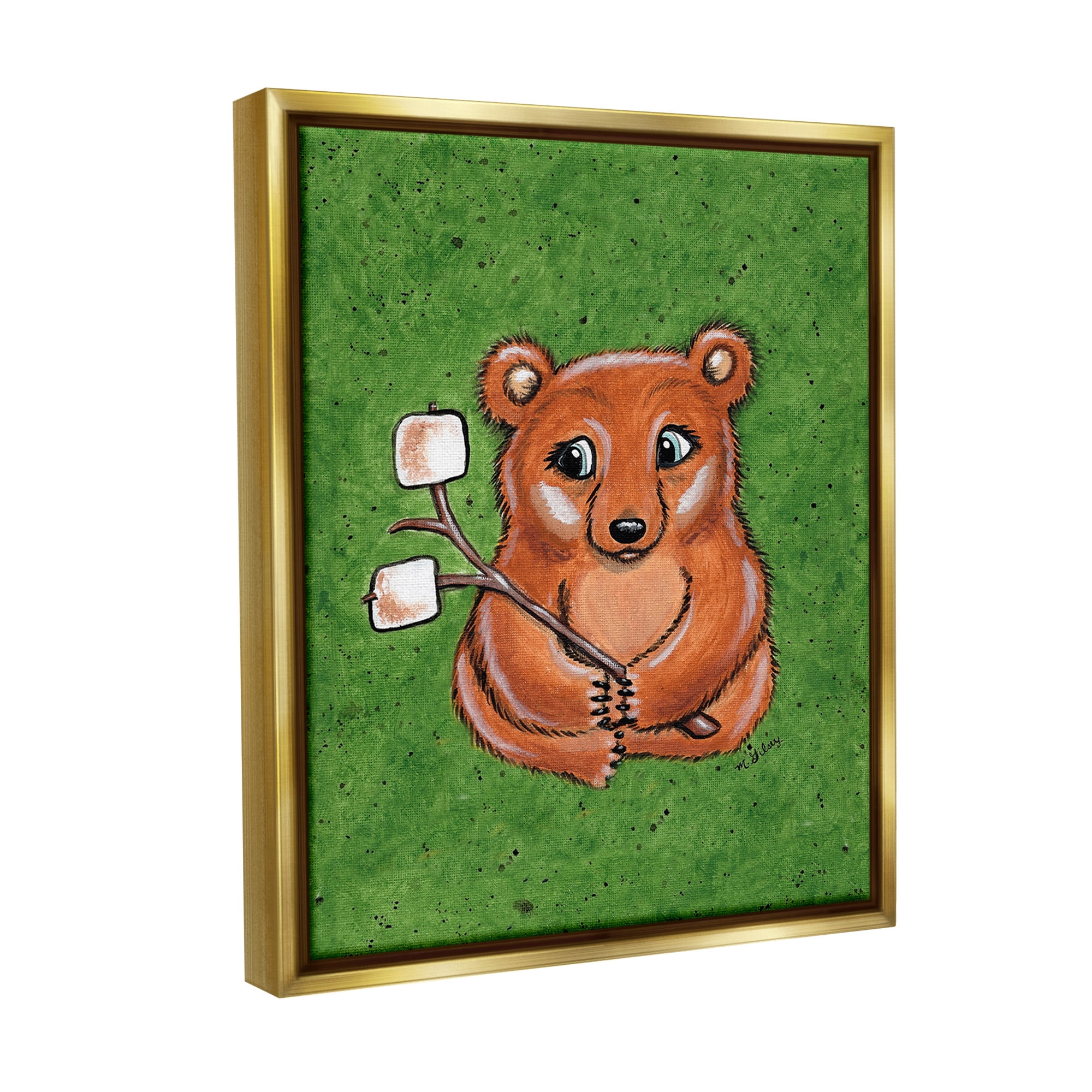 Stupell Industries Bear with S'mores Animals & Insects Painting Gold Floater Framed Canvas Art Print Wall Art, 17 x 21