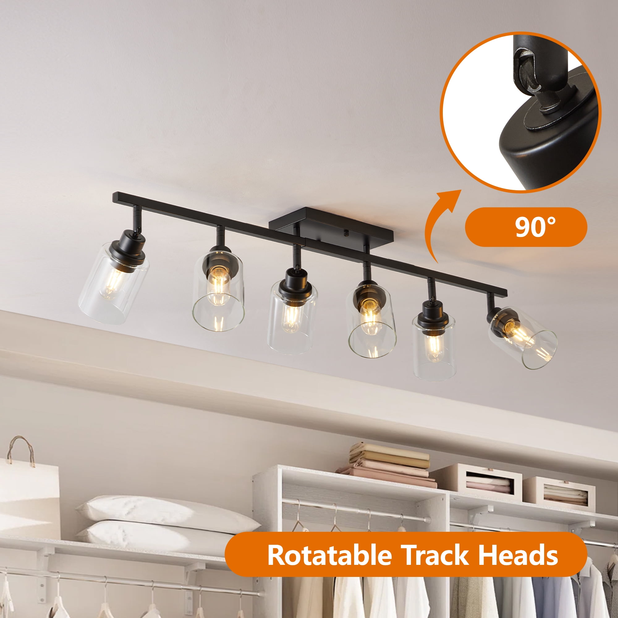 Leumius 6-Light Semi Flush Mount Ceiling Light, Adjustable Kitchen Light Fixtures Ceiling Mount with Clear Glass Shades, Rotatable Black Track Lighting Fixtures for Hallway, Foyer, Bedroom(No Bulbs)