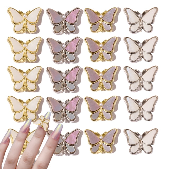 20 piezas de adornos para uñas 3D, diamantes de imitación con forma de mariposa en 3D, gemas de metal con purpurina, accesorios para uñas