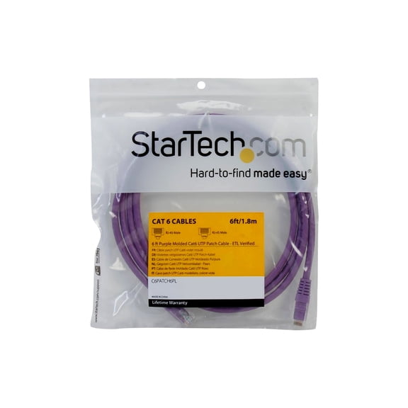 StarTech.com 6ft CAT6 Ethernet Cable, 10 Gigabit Molded RJ45 650MHz 100W PoE Patch Cord, CAT 6 10GbE UTP Network Cable with Strain Relief, Purple, Fluke Tested/Wiring is UL Certified/TIA - Category 6 - 24AWG (C6PATCH6PL) - Patch cable - RJ-45 (M) to RJ-45 (M) - 1.8 m - UTP - CAT 6 - molded - purple
