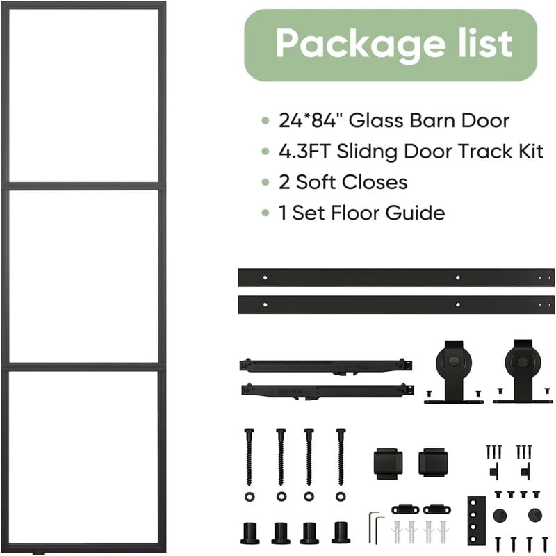 Easy4Home 24"x84" Frosted Glass Sliding Barn Door with Track and Hardware Kit