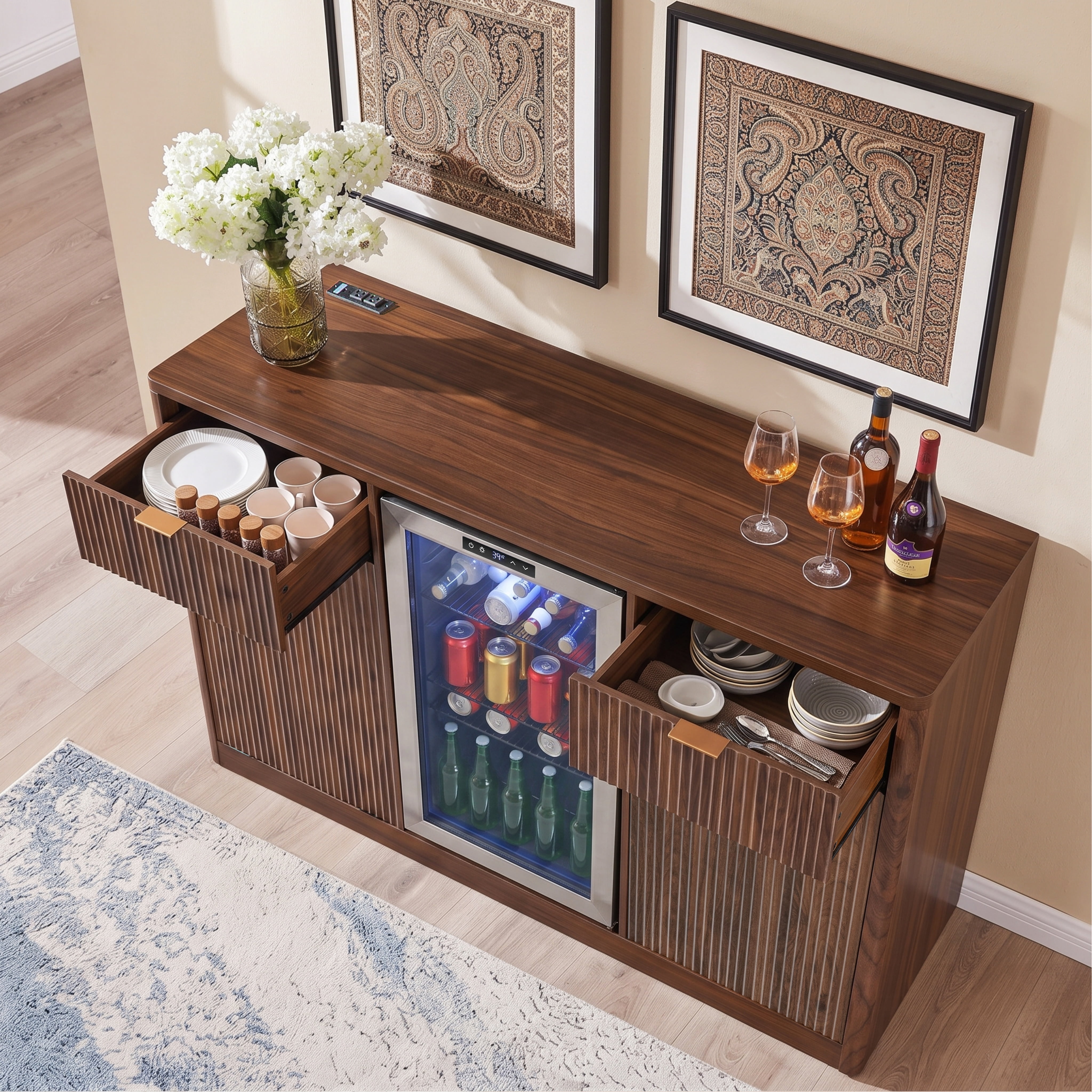 Mintazer 59" Fluted Coffee Bar Cabinet with Fridge Space & Tilt-Out Trash Cabinet, Sideboard with Charging Station and Wine Glass Holder & Adjustable Shelves for Kitchen Dining Living Room, Walnut