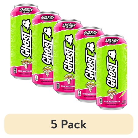 (5 pack) GHOST® ENERGY Zero Sugar Energy Drink, WARHEADS® Sour Watermelon, 200mg Natural Caffeine, 16 fl oz Can