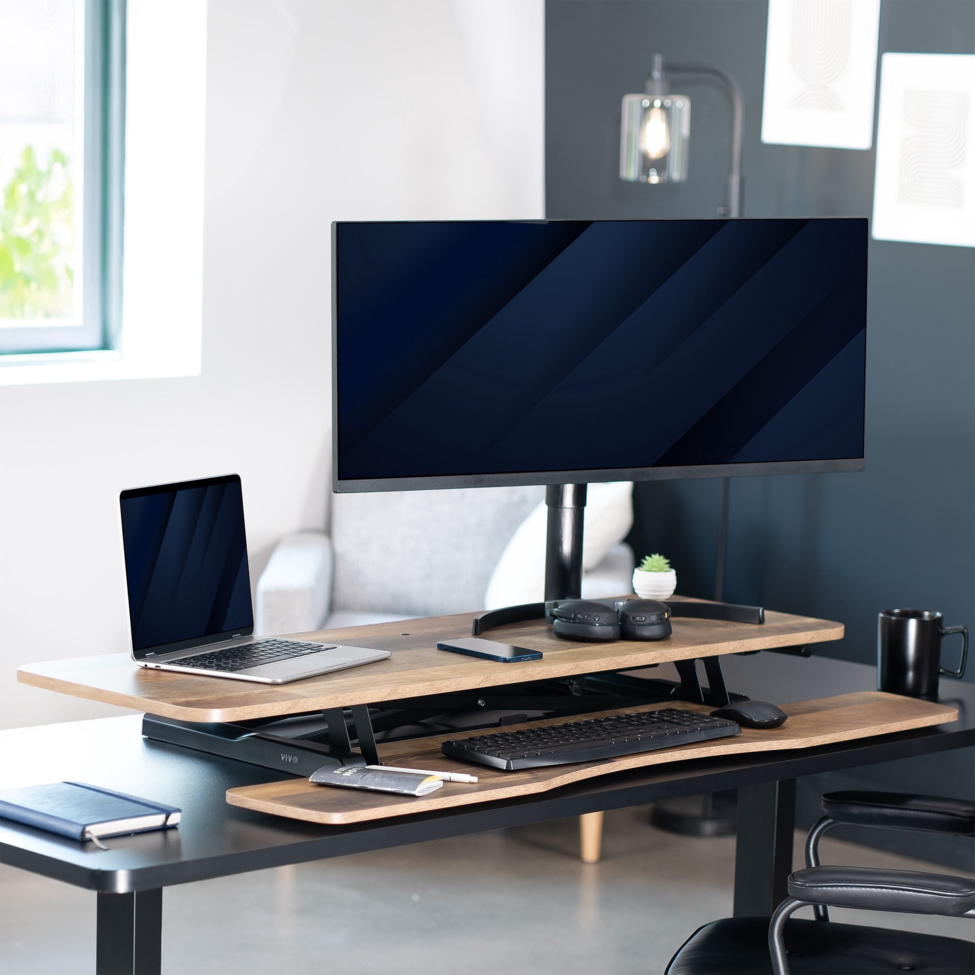 VIVO Reclaimed Wood Height Adjustable 48" Standing Desk Riser Sit Stand Tabletop